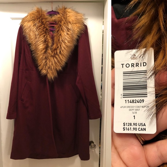 Torrid | Midi Faux Fur Trim Coat in Wine - Picture 4 of 4